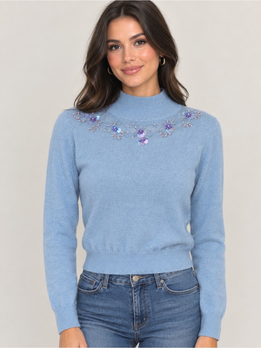Zara Light Blue Mock Neck Sweater with Lavender Sequin Floral